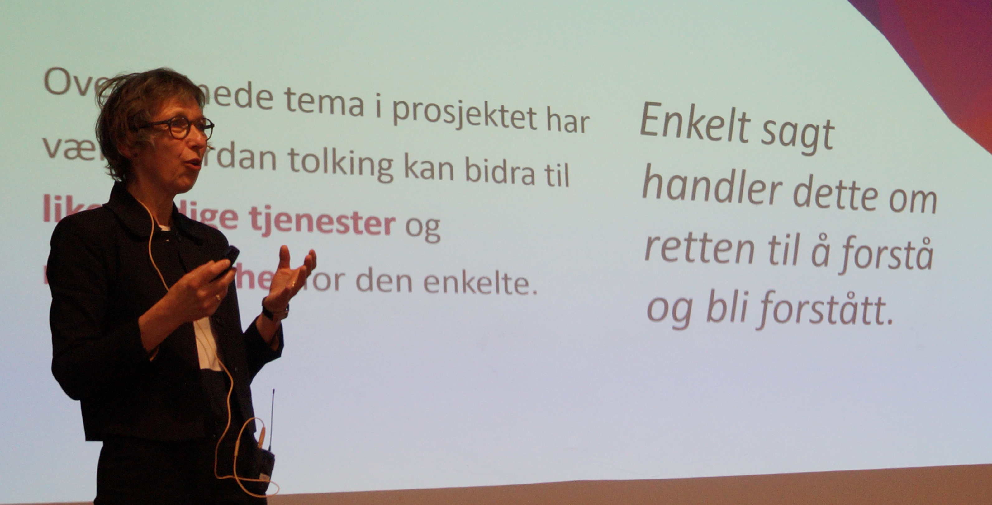 Berit Berg står foran lerret med teksten "Enkelt sagt handler dette om retten til å forstå og bli forstått". Gestikulerer og snakker til publikum.